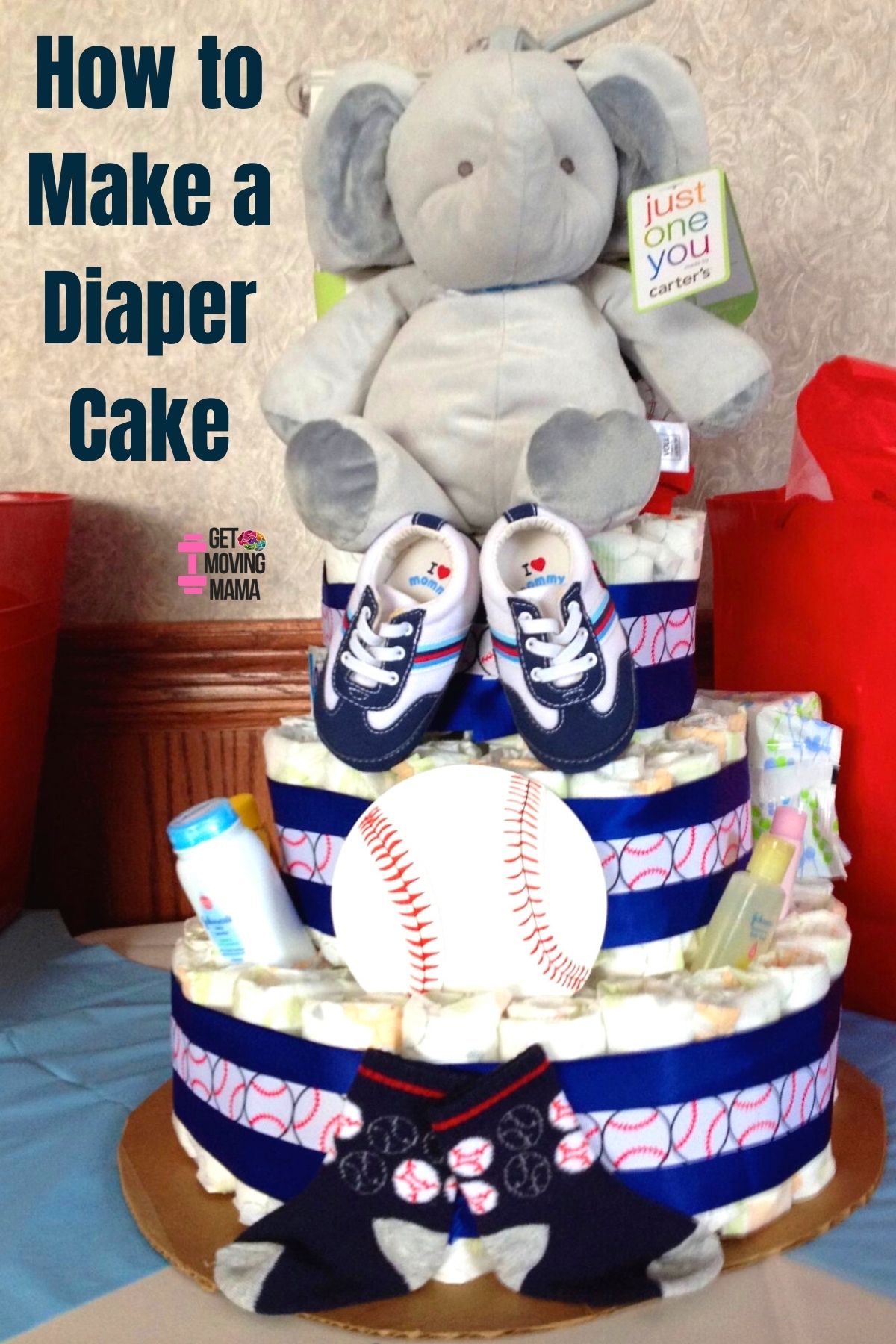 A picture of a diaper cake with a baseball theme for a boy baby shower gift.