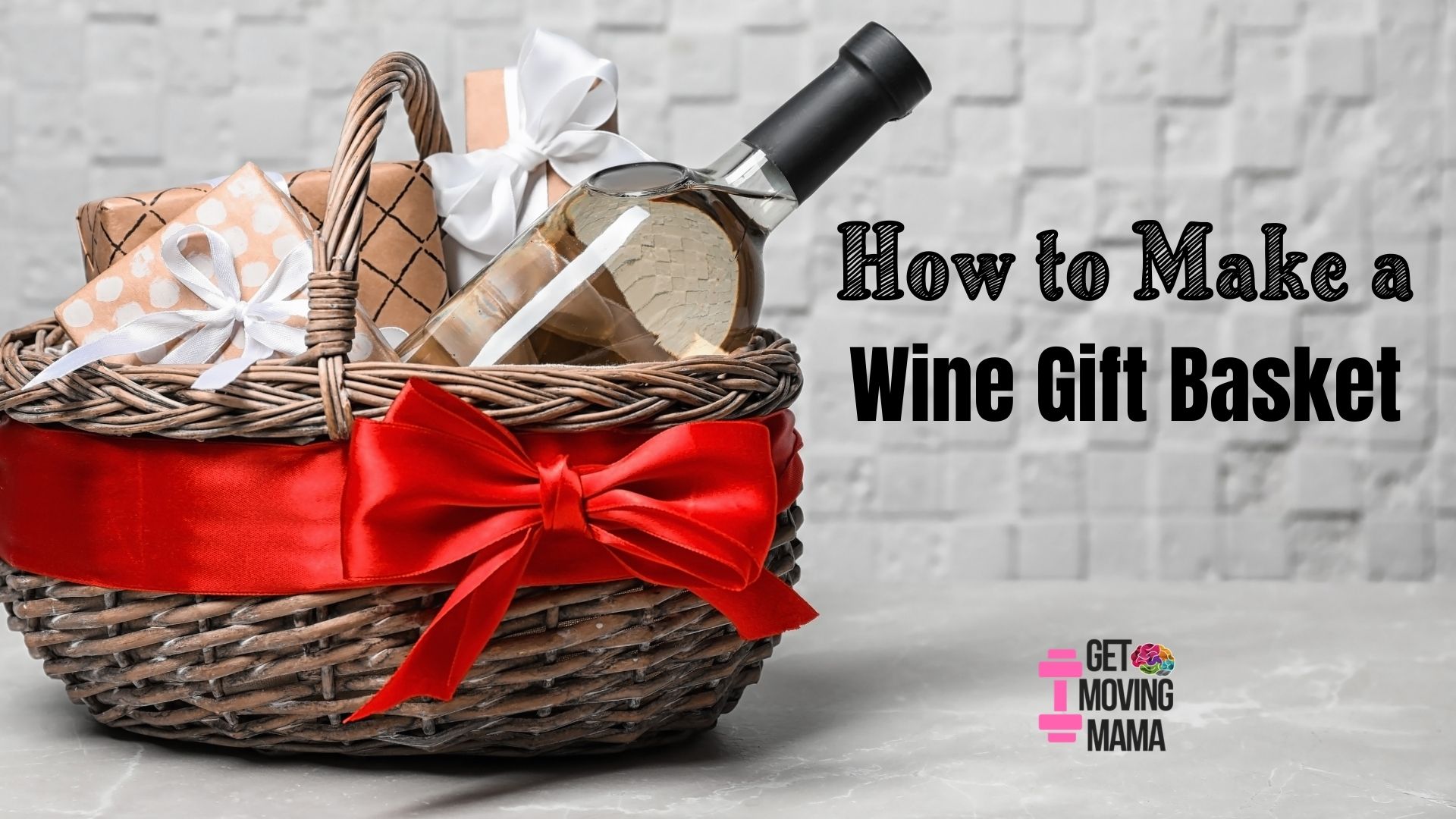 A picture of a wine gift basket with a red bow and wrapped gifts inside with white wine bottle.