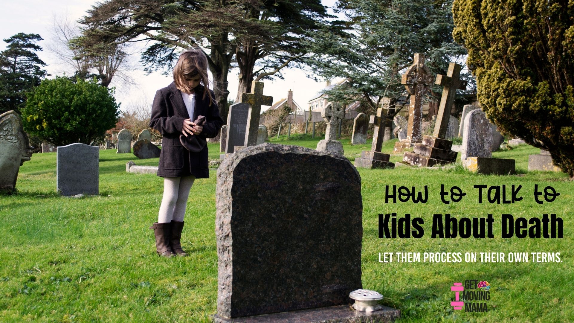 A picture of a young child standing by a grave.