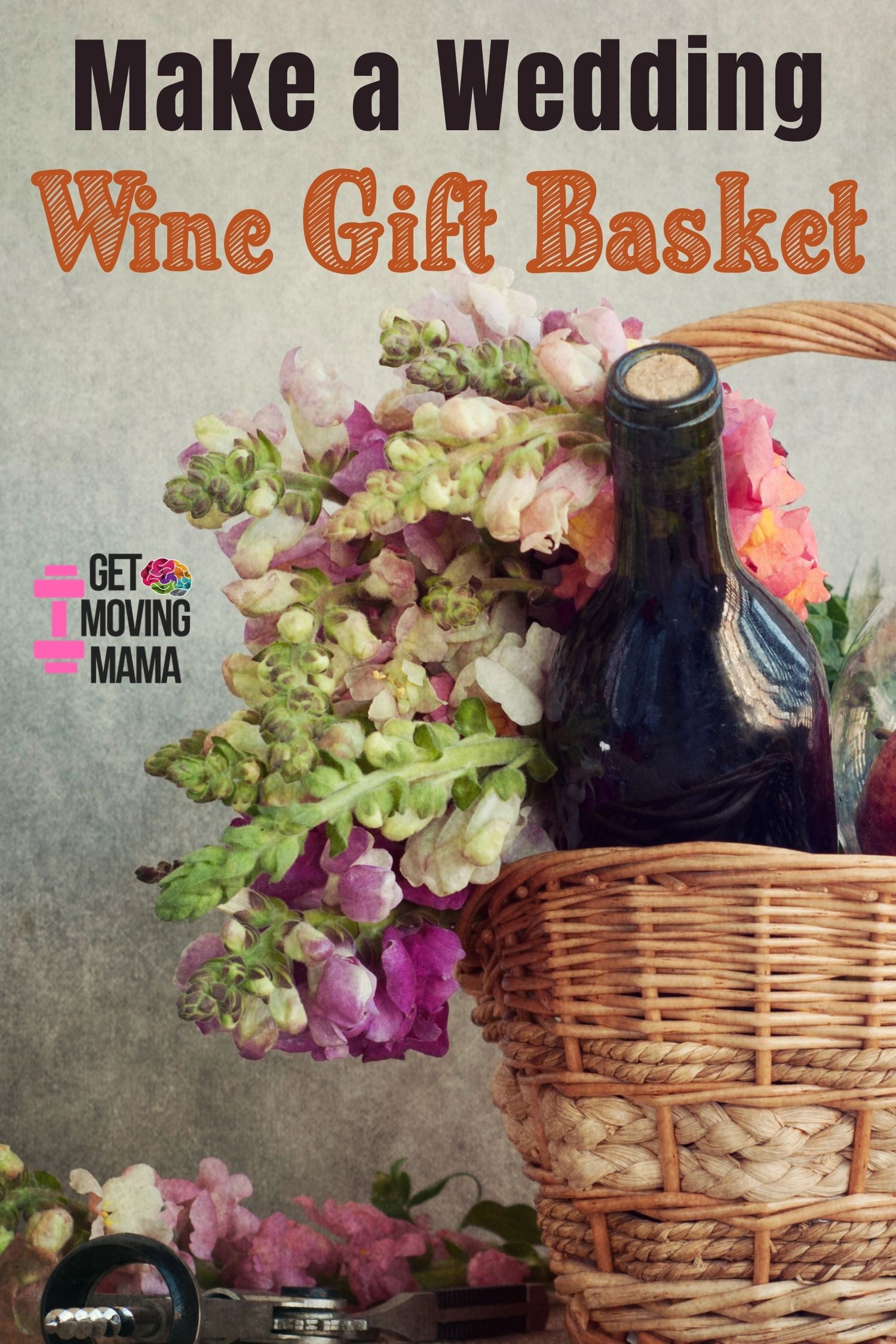 A picture of a wedding wine basket with fresh flowers.