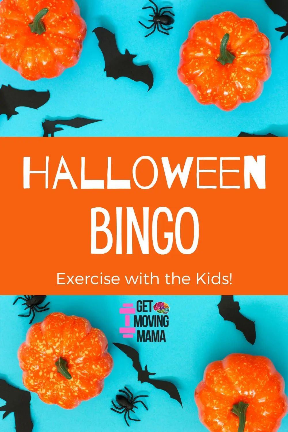 A picture of Halloween BINGO marketing image on a blue background with bats and pumpkins.