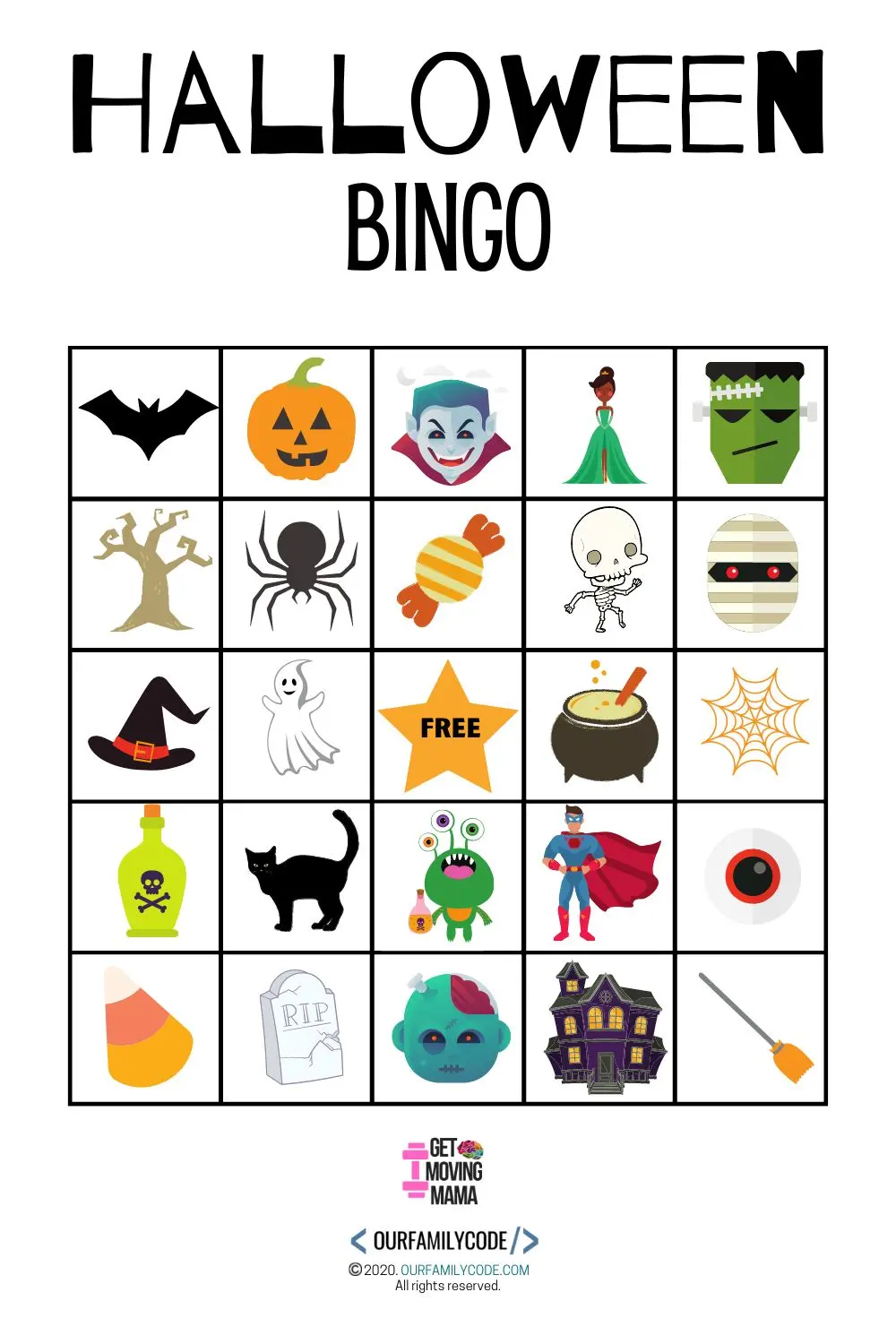 A picture of a printable Halloween BINGO activity for families.